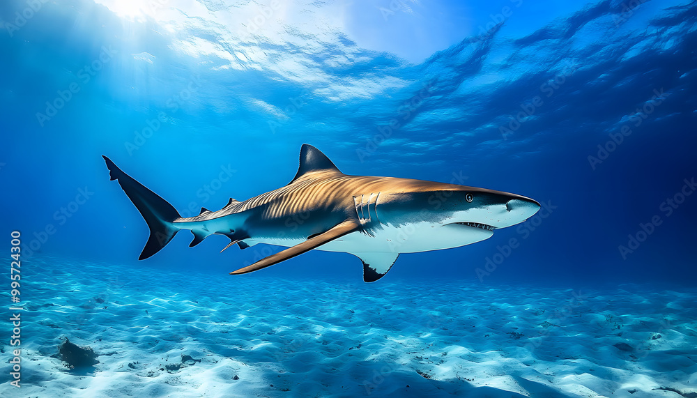 Naklejka premium diving with big tiger shark underwater in blue transparent ocean
