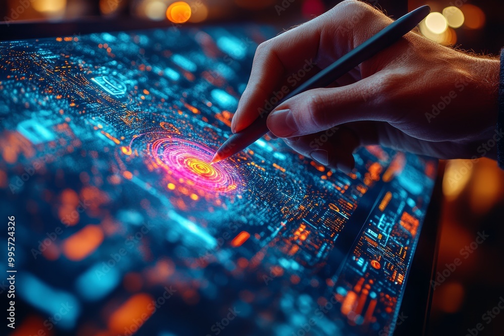 A hand using a stylus on a digital screen displaying cosmic data. A hand using a stylus on a digital screen displaying cosmic data.