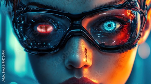 A close-up portrait of a woman with cyborg enhancements, wearing futuristic goggles with a red LED eye on one side and a blue glowing eye on the other side.