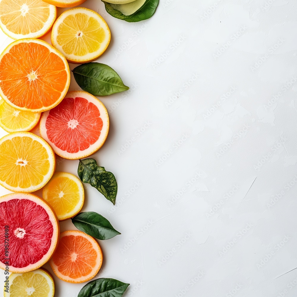 Fresh fruit slices, including oranges and grapefruits, arranged around a minimal white space for text on a light abstract background Fresh fruit slices, including oranges and grapefruits, arranged around a minimal white space for text on a light abstract background
