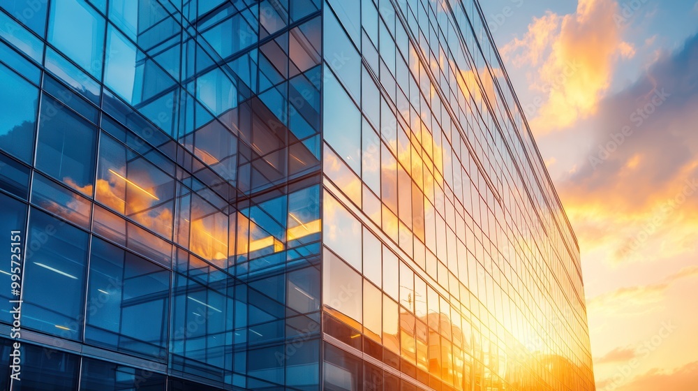 custom made wallpaper toronto digitalA modern skyscraper with a glass facade reflecting the beautiful sunset sky. The building's clean lines and geometric shapes are highlighted by the warm light.
