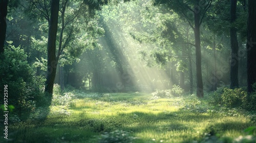 A peaceful forest clearing with soft sunlight filtering through the trees, highlighting the natural beauty.