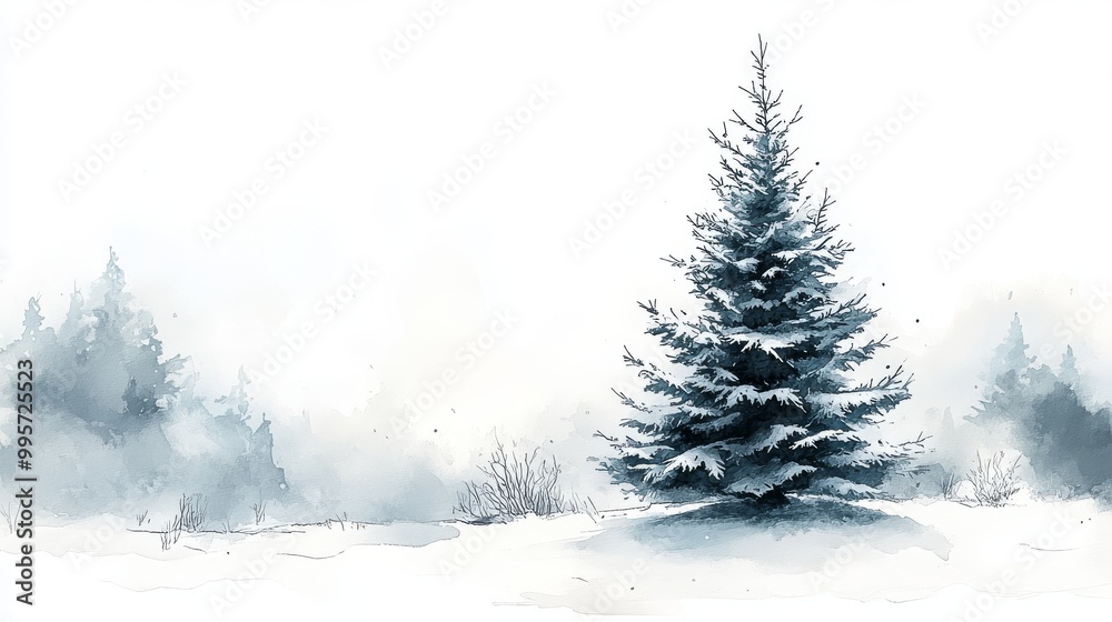 Snow-covered Evergreen Tree in a Misty Winter Landscape During a Peaceful Day Snow-covered Evergreen Tree in a Misty Winter Landscape During a Peaceful Day