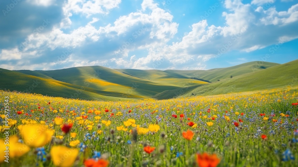 A vibrant meadow landscape with a carpet of wildflowers, rolling hills, and a bright blue sky with fluffy clouds. A vibrant meadow landscape with a carpet of wildflowers, rolling hills, and a bright blue sky with fluffy clouds.