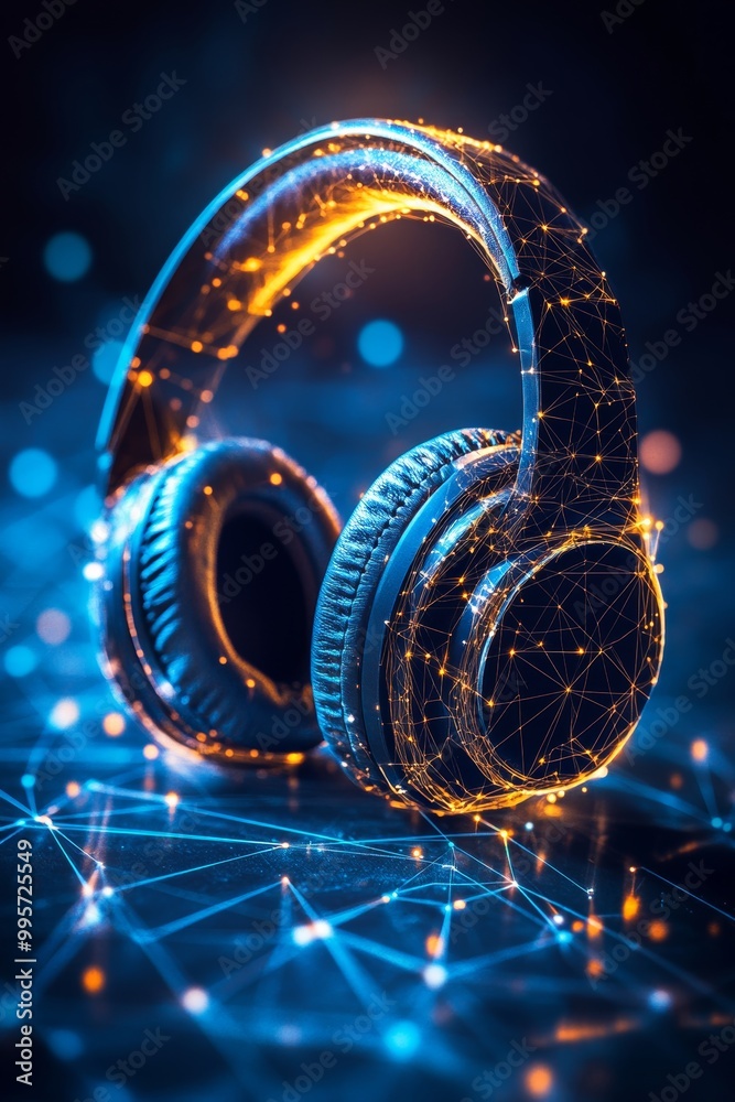 Digital Headphones on Blue Technology Background, Abstract Audio Symbol in Lines, Connected Dots Digital Headphones on Blue Technology Background, Abstract Audio Symbol in Lines, Connected Dots