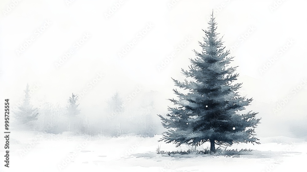 Fototapeta premium A Solitary Evergreen Tree Stands in a Tranquil Snowy Landscape During Winter's Soft Embrace