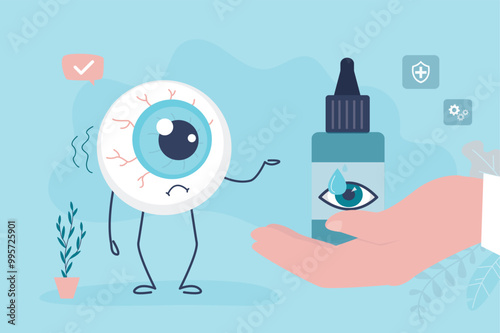 Oculist hand give vial with drops for eyes. Tired and sick eyeball. Illness eye need instilling drops. Medicine poster template, ideal for educational materials,