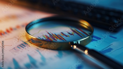 Wallpaper Mural A magnifying glass lies on top of financial charts with colorful bars and lines, emphasizing the importance of meticulous data analysis in business decision making. Torontodigital.ca