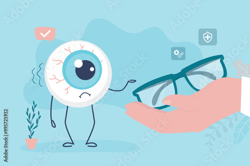 Ophthalmologist hand gives glasses to the poorly seeing eye.  Oculist doctor advises to wear glasses to the sick eyeball. Help with poor vision. Healthcare and medicine.