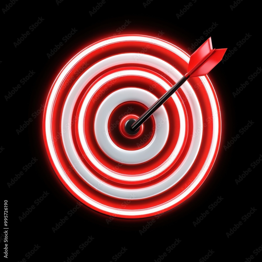 Red and white target bullseye with an arrow on a black background. Red and white target bullseye with an arrow on a black background.
