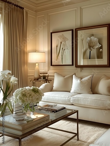 Neutral living room with framed art, soft lighting, elegant furniture, neutral home design, art-focused interior photo