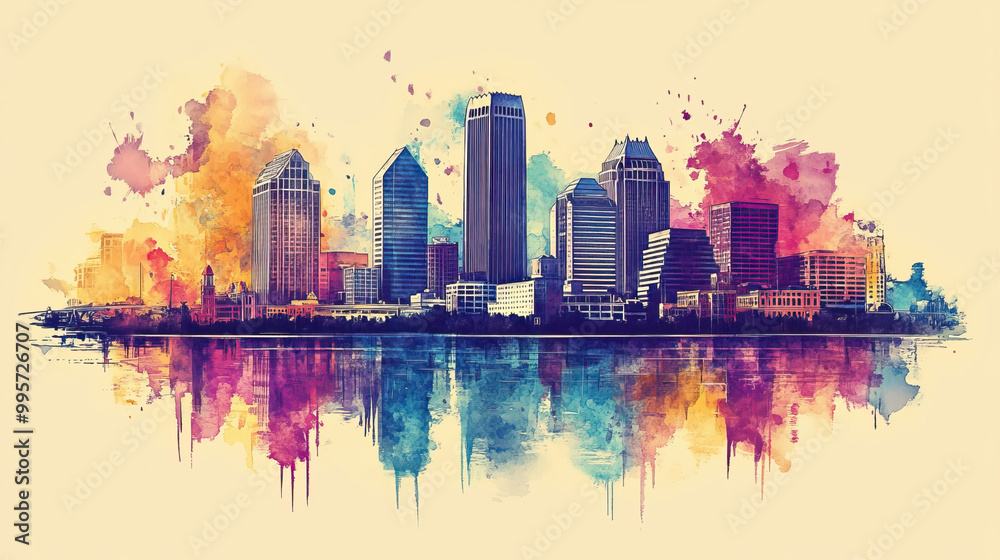 Fototapeta premium Jacksonville, Florida, color pen pencil hand-drawn effect drawing illustration for travel poster, card, wallpaper, backdrop or banner. Modern, clear, artistic and simple