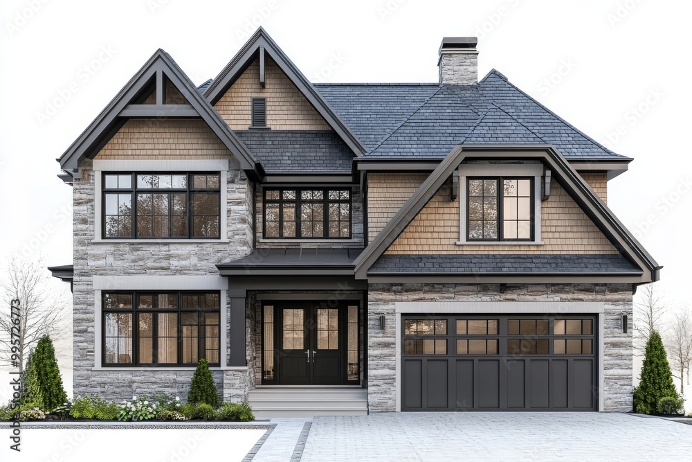 Elegant Modern House With Stone Facade and Large Windows in a Serene Suburban Neighborhood Elegant Modern House With Stone Facade and Large Windows in a Serene Suburban Neighborhood