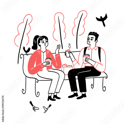 A couple is sitting on a park bench, having a conversation while holding coffee cups and having lunch in a park. Hand drawing vector illustration.