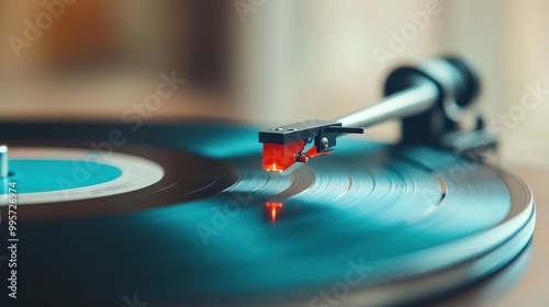 A close-up shot of a high-quality vinyl record player in action, with the stylus gently resting on the disc Focus on the craftsmanship and detail of the audio equipment. photo