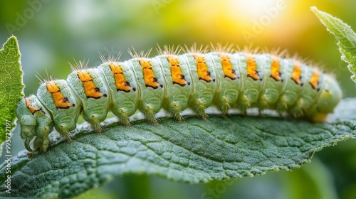 A Colorful Caterpillar Resting on a Green Leaf Under a Warm Sunlight Glow in Early Morning