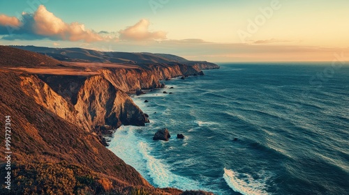 A stunning view of a coastal cliff line at sunset, showcasing the vast expanse of the ocean and dramatic cliffs.