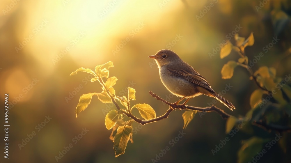 A small bird perched on a branch with a golden sunset background. A small bird perched on a branch with a golden sunset background.