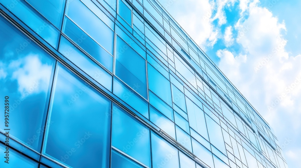 A low-angle view of a modern office building with a glass facade reflecting the blue sky and clouds. A low-angle view of a modern office building with a glass facade reflecting the blue sky and clouds.