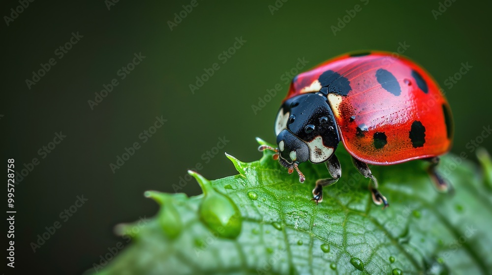 Ladybug on Green Leaf with Dew Drops Ladybug on Green Leaf with Dew Drops