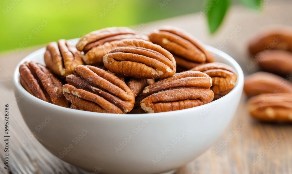 Fresh Pecans Displayed in a White Bowl on a Wooden Table With a Green Blurred Background Fresh Pecans Displayed in a White Bowl on a Wooden Table With a Green Blurred Background