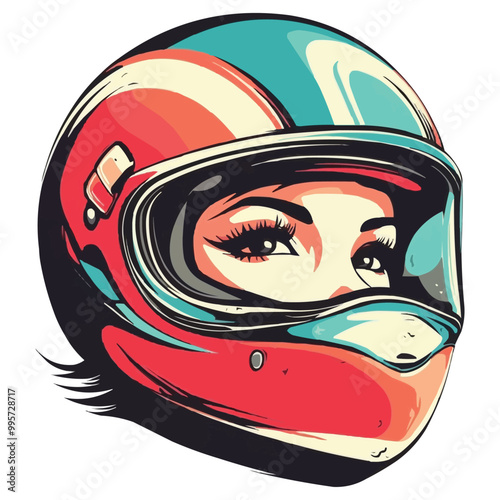 vintage smiling female biker with helmet and goggles vector logo design on white background