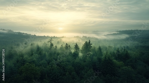 A serene misty forest at sunrise with layers of fog settled between the treetops and a soft glow from the rising sun in the background.