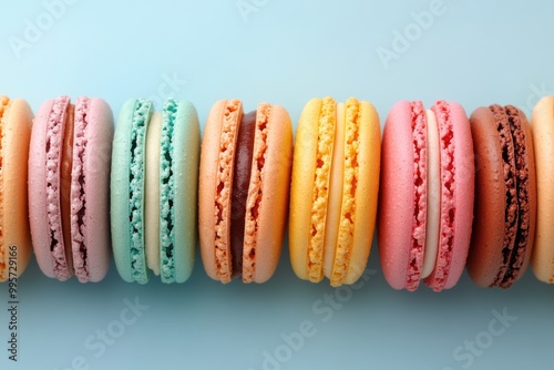 Wallpaper Mural Brightly colored macaroons arranged in a neat row on blue background.  Torontodigital.ca