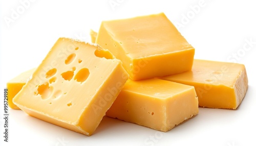 Fresh Blocks of Yellow Cheese Stacked Neatly on a White Background Ready for Cooking or Snacking