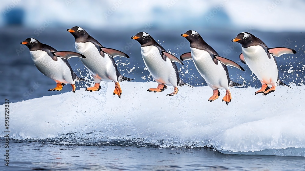 Fototapeta premium A group of five gentoo penguins jump off an iceberg into the icy water, creating splashes.