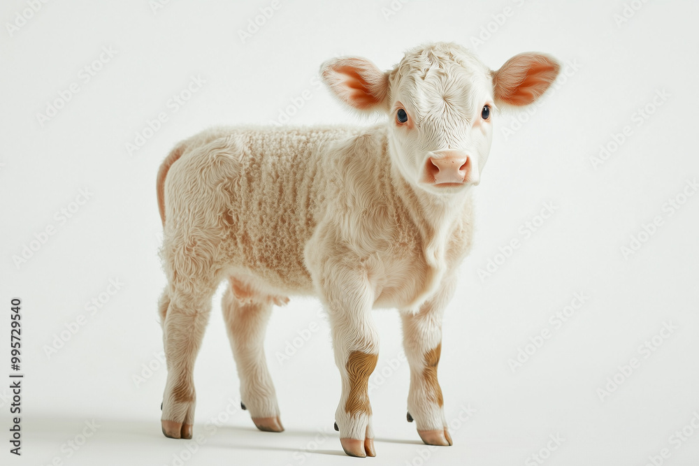 Fototapeta premium White Calf Standing A young white calf standing, looking directly ahead with a calm expression, showing its soft fur and large ears.
