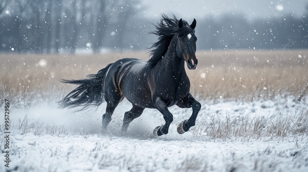 A majestic black horse galloping through a snowy landscape, creating a serene winter scene. A majestic black horse galloping through a snowy landscape, creating a serene winter scene.
