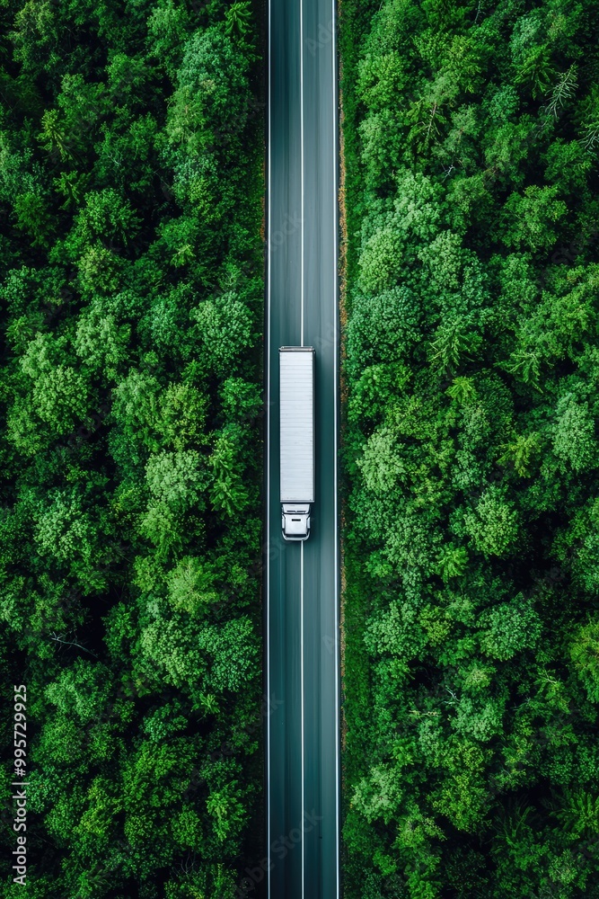 truck driving on the road in the forest top view. Selective focus truck driving on the road in the forest top view. Selective focus