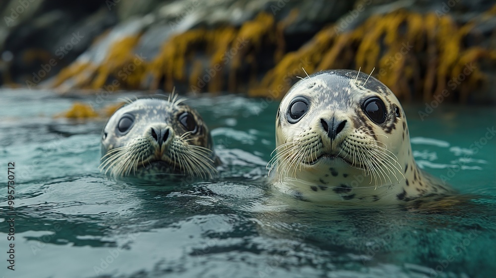 Curious Harbor Seals in the Ocean: A Close-Up Portrait Curious Harbor Seals in the Ocean: A Close-Up Portrait