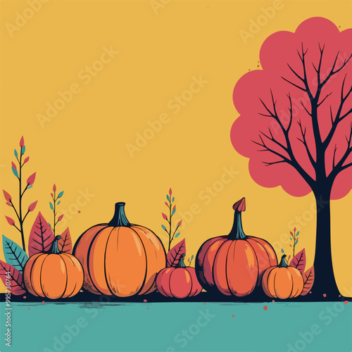 Autumn Pumpkins and Leaves Illustration