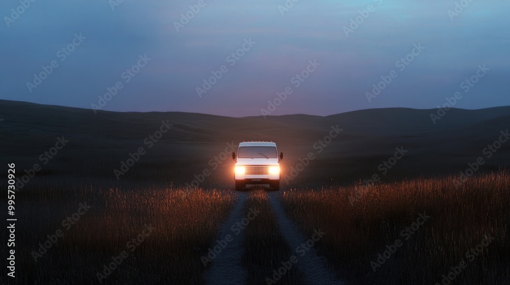 A car drives through a field at dusk, its headlights illuminating the path ahead. The sky is a beautiful blend of purple and blue, and the grass is long and green.