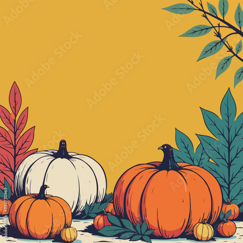 Autumn Pumpkins and Leaves Illustration