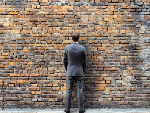 Facing a brick wall concept with business man facing a huge bricks wall. Business dead end no way exit concept. 