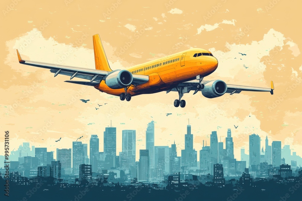 Flat vector airplane flying over a city. Flat vector airplane flying over a city.