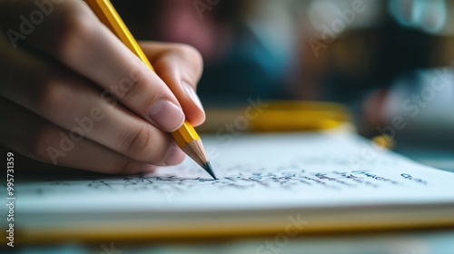 A close-up image of a hand holding a yellow pencil and writing in a notebook. The focus is on the hand and pencil, with the notebook and surrounding area out of focus.