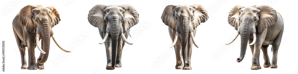 Obraz premium Set of majestic elephants walking isolated on white background