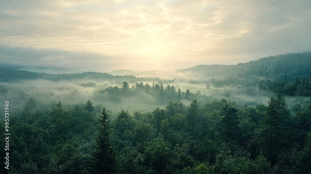 A serene misty forest landscape at dawn with the sun peaking through the clouds, casting a soft light over the treetops and fog-covered hills. A serene misty forest landscape at dawn with the sun peaking through the clouds, casting a soft light over the treetops and fog-covered hills.