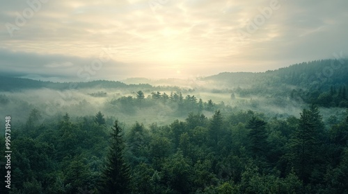 A serene misty forest landscape at dawn with the sun peaking through the clouds, casting a soft light over the treetops and fog-covered hills.