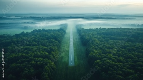 Aerial view of a straight road slicing through a lush forest, with morning mist hovering above the canopy and open fields on either side.