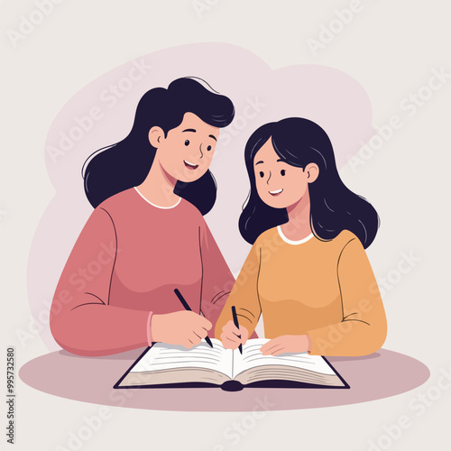 Two girls are studying together while reading.