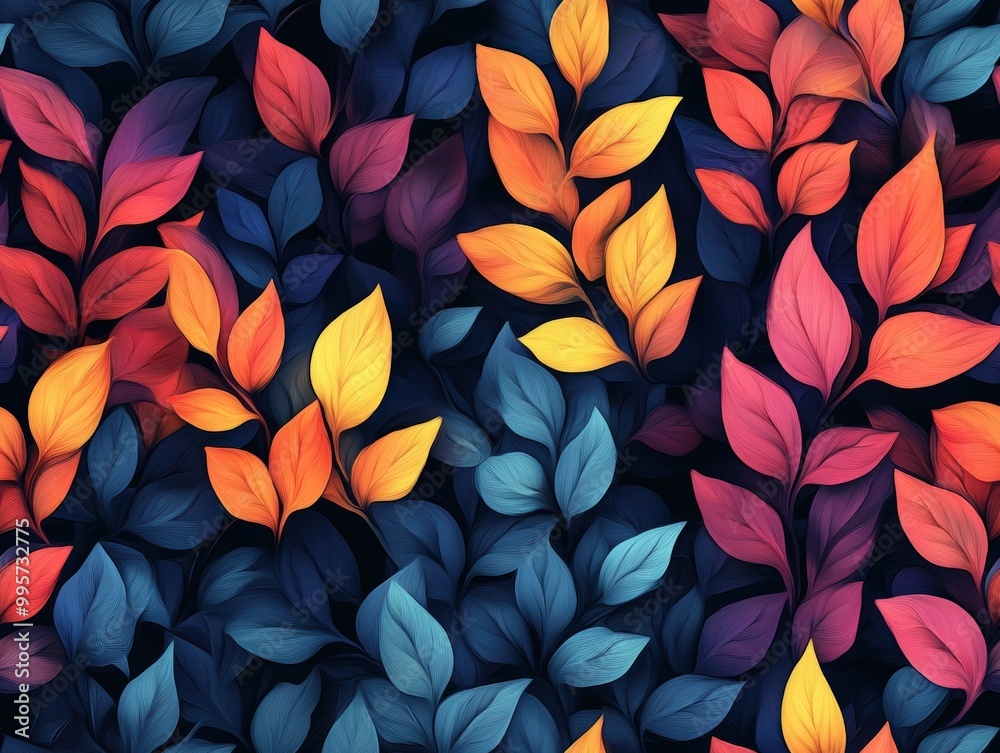Colorful leaves pattern on a dark background, vibrant and artistic design. Colorful leaves pattern on a dark background, vibrant and artistic design.