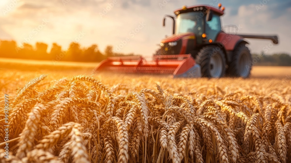 Fototapeta premium selective focus on wheat on a farm with a tractor and combine harvester in the backdrop that is hazy.