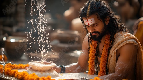 Brahmin Priest Performing Sacred Abhishekam Ritual for Lord Shiva s Shivalinga photo