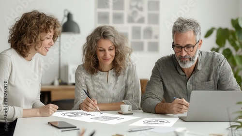 Creative director giving feedback on logo sketches and brand imagery, while designers take notes creative feedback, brand development