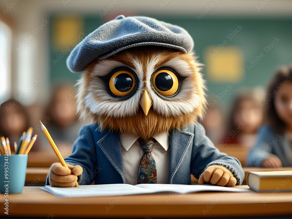 A wise owl dressed as a teacher sits at a desk in a classroom filled with students, ready to engage in learning